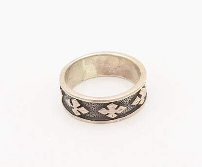 925 Silver  Vintage Carved Pointed Flower Raised Bordered Ring Sz 6.5  RG26785