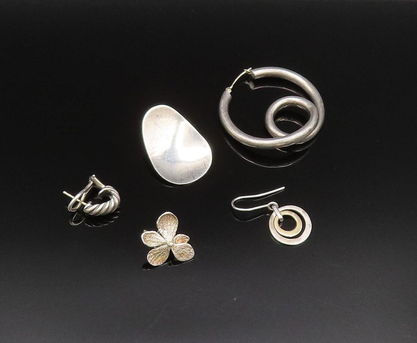 14K GOLD & 925 Silver  Vintage Two Tone Hoop Drop Singles Lot Earrings EG12050