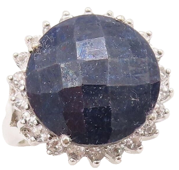 925 Sterling Silver Vintage Ring Large Round Sapphire Halo Topaz  Sz 7  RG29503