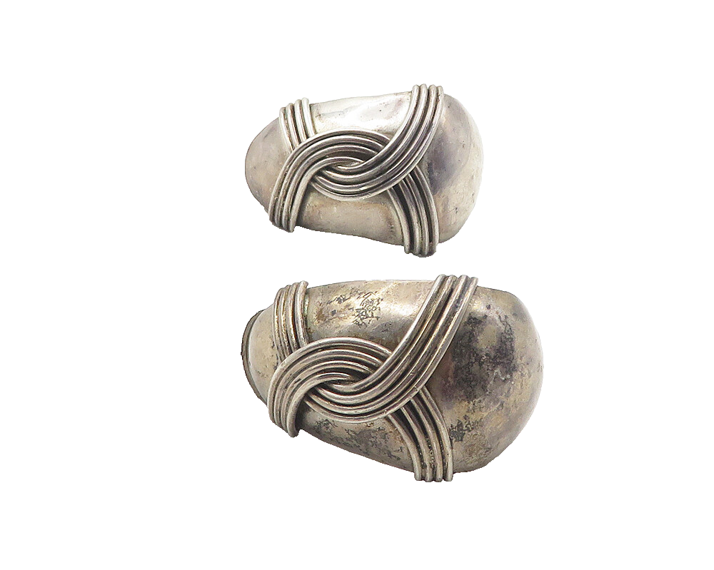 MEXICO 925 Sterling Silver  Vintage Dark Tone Curved Non Pierce Earrings  EG5944