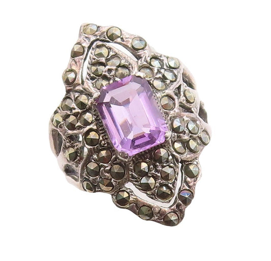 925 Sterling Silver Vintage Ring Floral Design Marcasite Amethyst Sz 5.5 RG31371