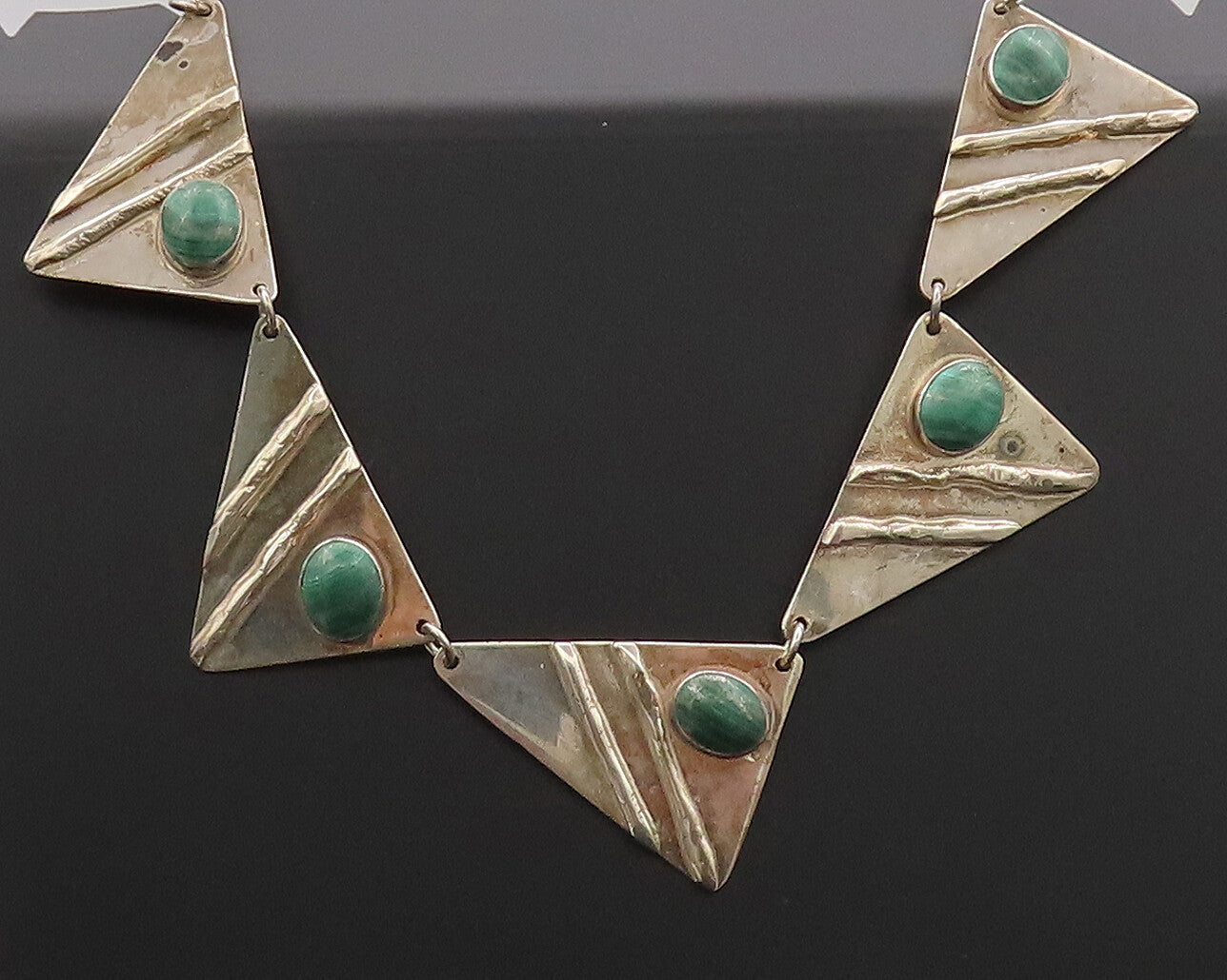 925 Silver  Vintage Modernist Malachite Carved Triangle Necklace  NE4138