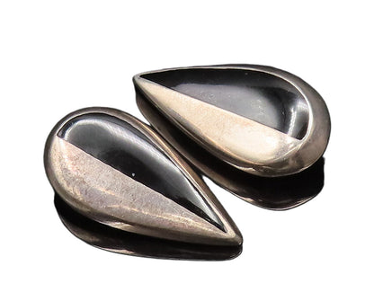MEXICO 925 Silver  Vintage Half Enamel Pear Shaped Clip Back Earrings  EG12200
