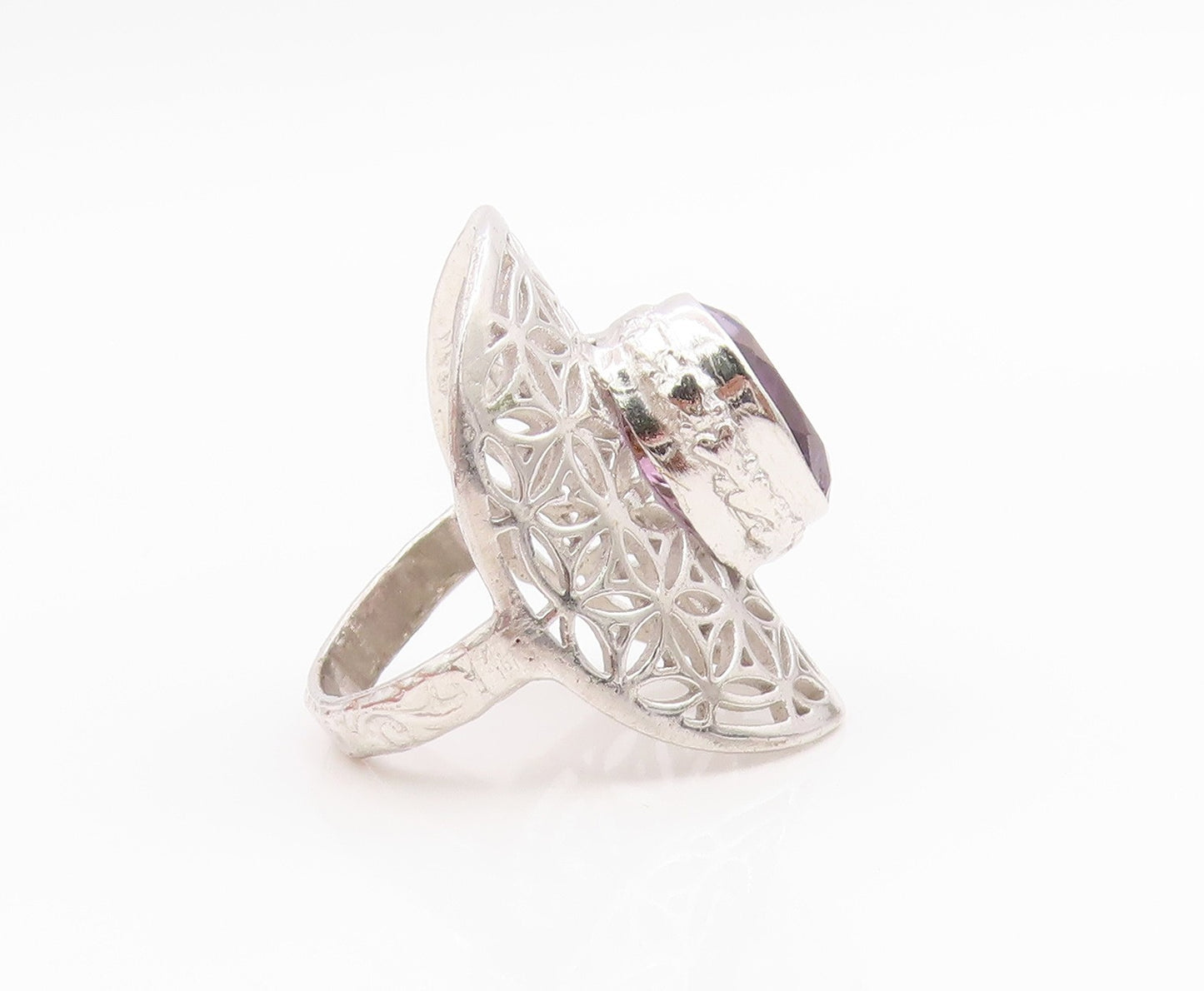 925 Sterling Silver Vintage Ring Amethyst Intricate Openwork Band  Sz 8  RG36145