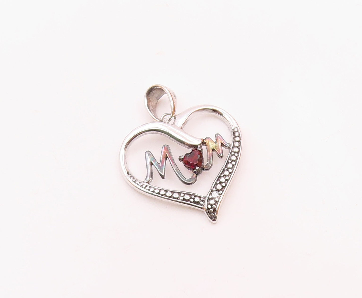 925 Sterling Silver  Vintage Genuine Diamond Mom Love Heart Pendant  PT17622