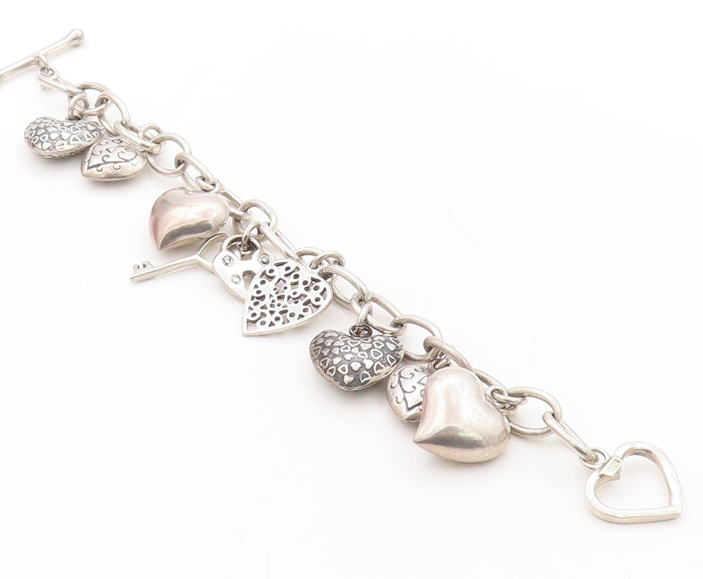 925 Sterling Silver Vintage Bracelet Minimalist Carved Dangling Hearts  BT10928
