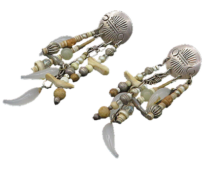 NAVAJO 925 Silver  Vintage Pearl Jasper & Quartz Beaded Dangle Earrings EG9929