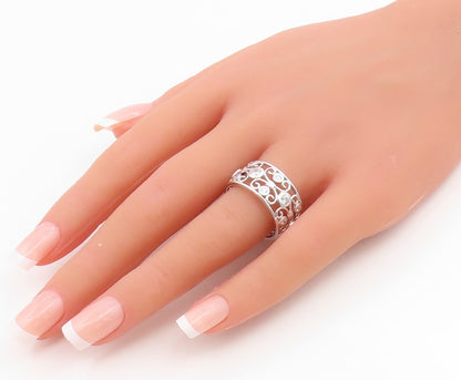 925 Sterling Silver Vintage Ring CZ Intricate Openwork Wide Band  Sz 9  RG35003