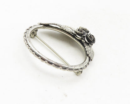 BEAU 925 Sterling Silver  Vintage Rose Flowers Open Circle Brooch Pin  BP3629
