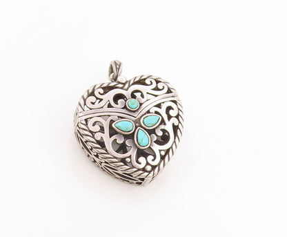 925 Sterling Silver Vintage Pendant Turquoise Scrollwork Heart OPENS  PT25834