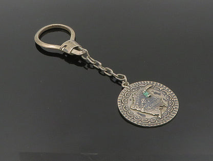 925 Sterling Silver  Vintage Carved Colombia Map Emerald Key Chain  TR3271