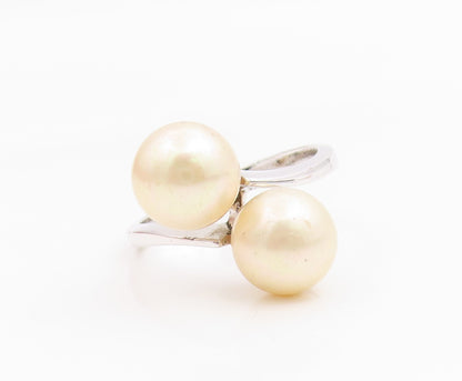 925 Sterling Silver Vintage Ring Round Pearl Elegant Bypass Band  Sz 7  RG35367