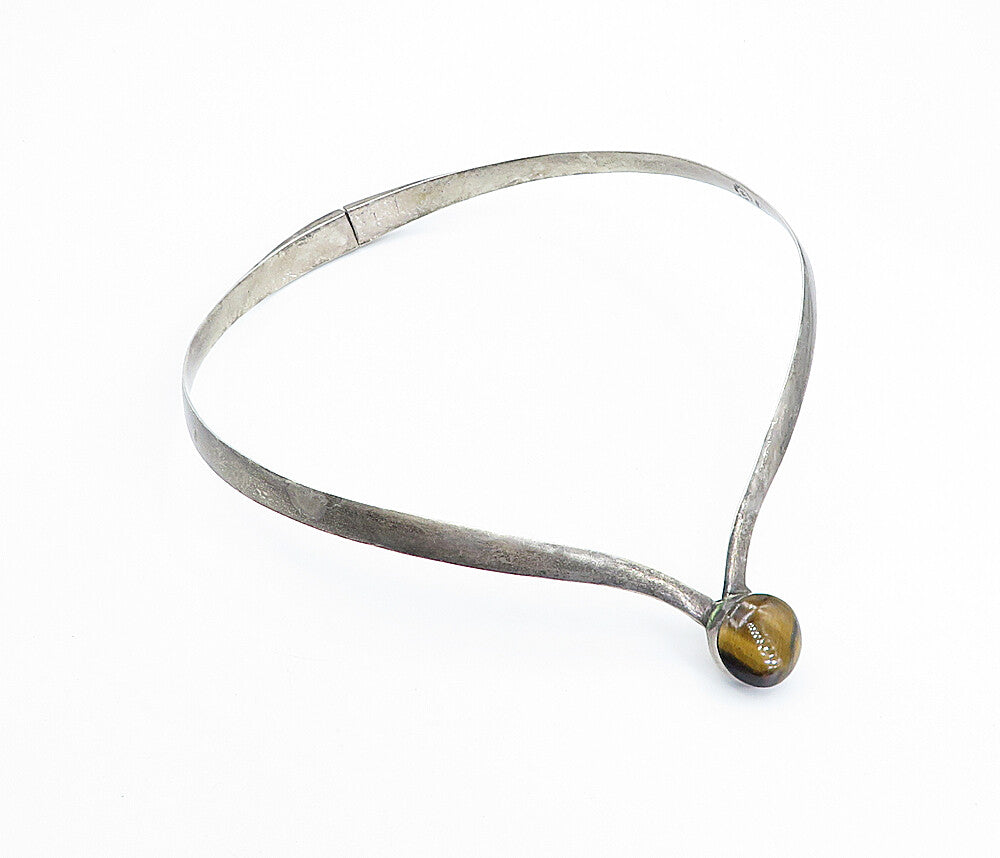 MEXICO 925 Sterling Silver  Vintage Tiger's Eye Smooth Collar Necklace  NE1145