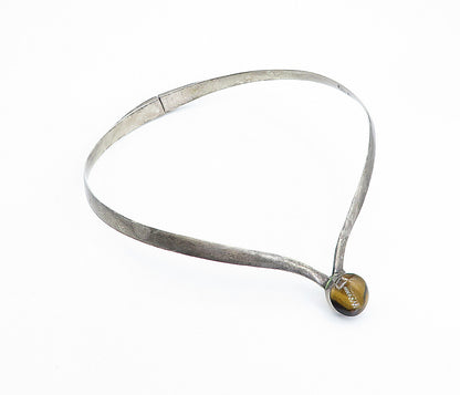 MEXICO 925 Sterling Silver  Vintage Tiger's Eye Smooth Collar Necklace  NE1145