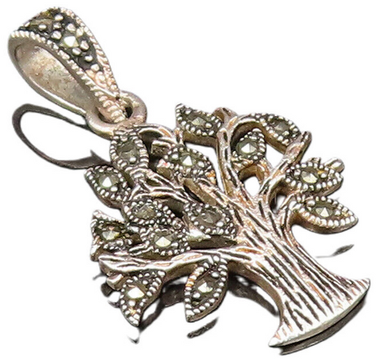 925 Sterling Silver  Vintage Dainty Marcasite Tree Drop Pendant  PT21505