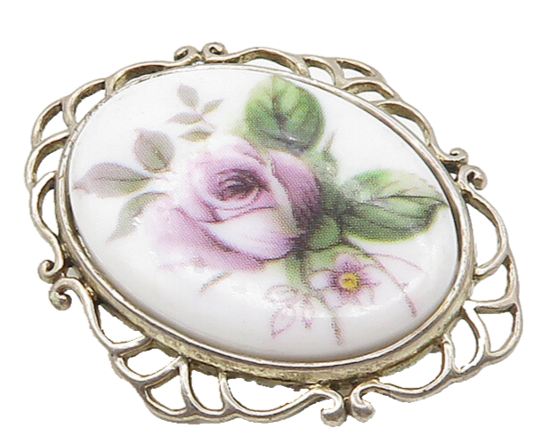JEZ 925 Sterling Silver  Vintage Enamel Rose Flower Oval Brooch Pin  BP8437