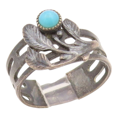 925 Sterling Silver Vintage Ring EAST EUROPE Turquoise Etched Leaf Sz 7 RG35735