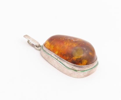 925 Sterling Silver Vintage Pendant Cabochon Honey Amber Solid Teardrop  PT26037