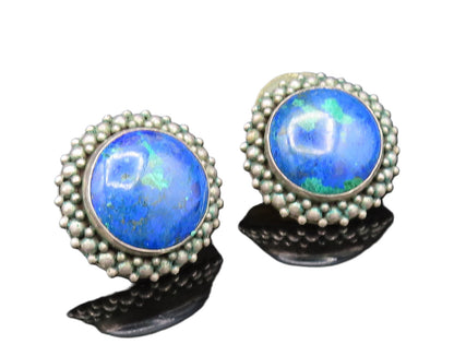 925 Silver  Vintage Beaded Cluster Border Azurite Stud Earrings  EG11730