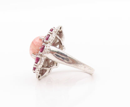 925 Sterling Silver Vintage Ring Drop Cut CZ & Rhodochrosite Flower Sz 5 RG32226