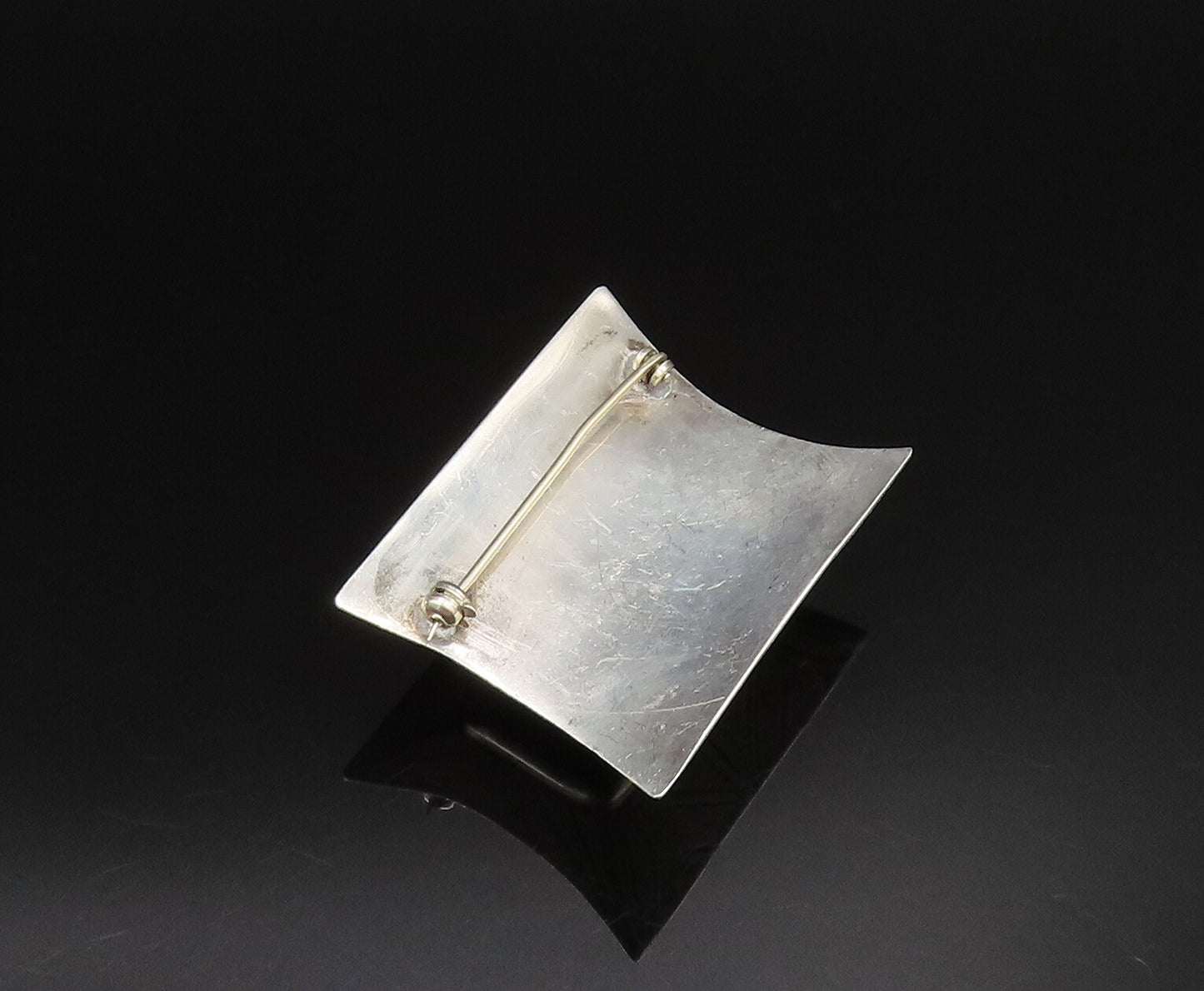 925 Silver  Vintage Rectangle Aventurine Etched Pyramid Dome Brooch Pin BP9771