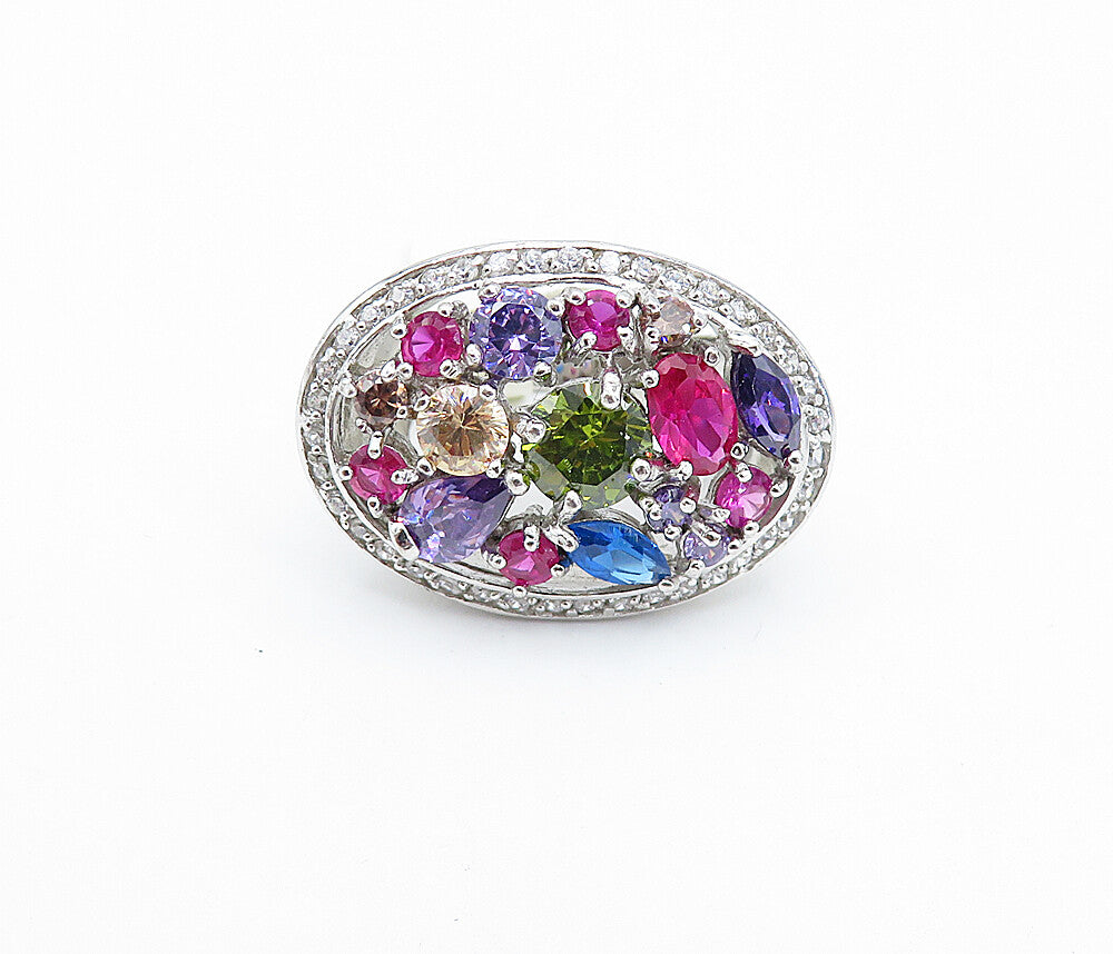 925 Sterling Silver Amethyst Topaz & Peridot Dome Cocktail Ring Sz 6 RG3632