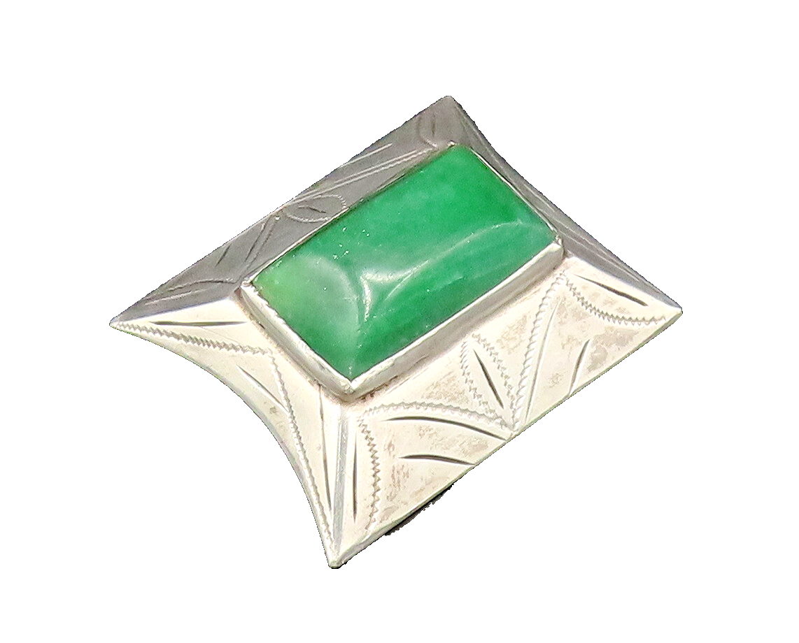 925 Silver  Vintage Rectangle Aventurine Etched Pyramid Dome Brooch Pin BP9771
