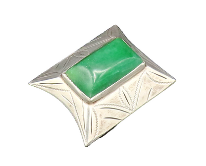 925 Silver  Vintage Rectangle Aventurine Etched Pyramid Dome Brooch Pin BP9771