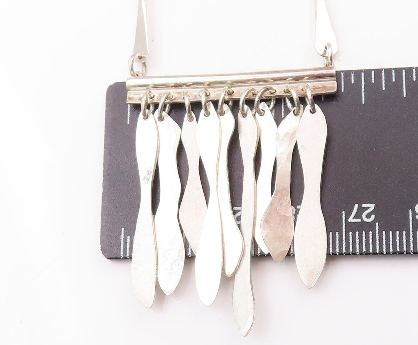 925 Sterling Silver Vintage Necklace Solid Trible Chips Link & Dangles  NE4274
