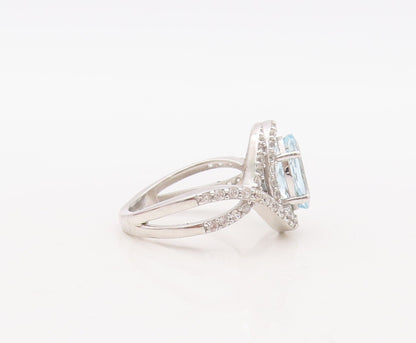 925 Sterling Silver Vintage Ring Designer Oval Blue Halo White CZ  Sz 8  RG30621