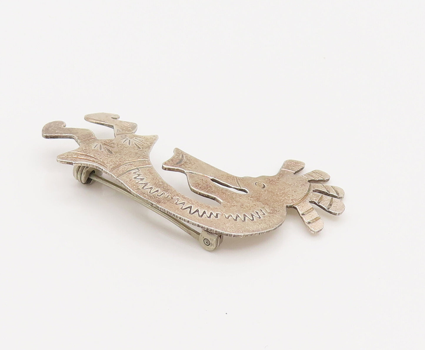 NAVAJO 925 Sterling Silver Vintage Etched Kokopelli Dancer Brooch Pin BP10143