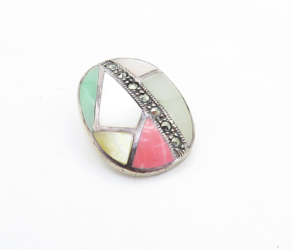 925 Silver Vintage Mother Of Pearl Rhodochrosite & Jade Mosaic Pendant PT3873