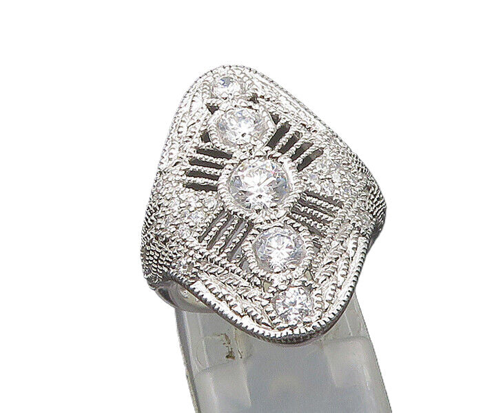 925 Sterling Silver  Vintage Cubic Zirconia Shiny Cocktail Ring Sz 5  RG21867