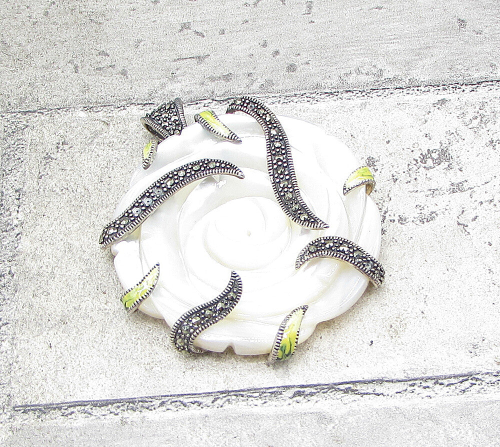 925 Silver  Mother of Pearl & Marcasite Floral Wrapped Drop Pendant  PT1384