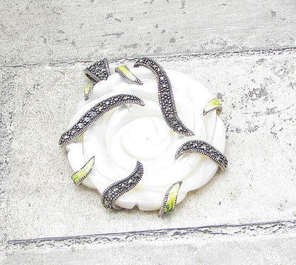 925 Silver  Mother of Pearl & Marcasite Floral Wrapped Drop Pendant  PT1384