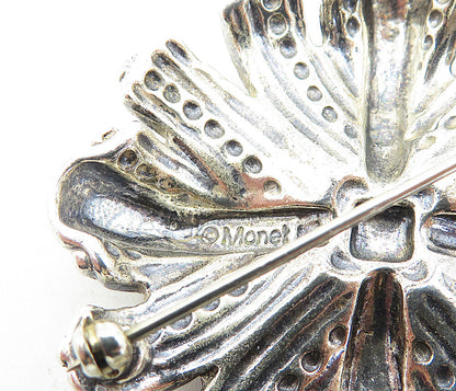 MONET 925 Sterling Silver  Vintage Shiny Round Floral Design Brooch Pin BP3060