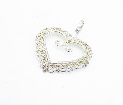 925 Sterling Silver  Vintage Shiny Swirl Border Open Love Heart Pendant PT5240