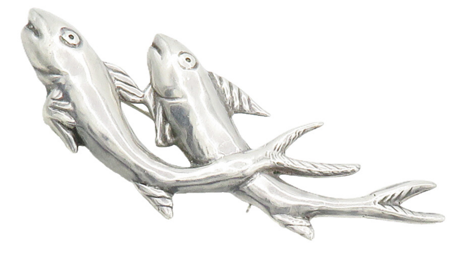MEXICO 925 Sterling Silver  Vintage Shiny Hollow Double Fish Brooch Pin BP6072
