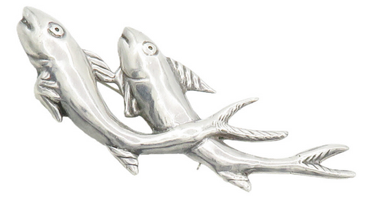MEXICO 925 Sterling Silver  Vintage Shiny Hollow Double Fish Brooch Pin BP6072