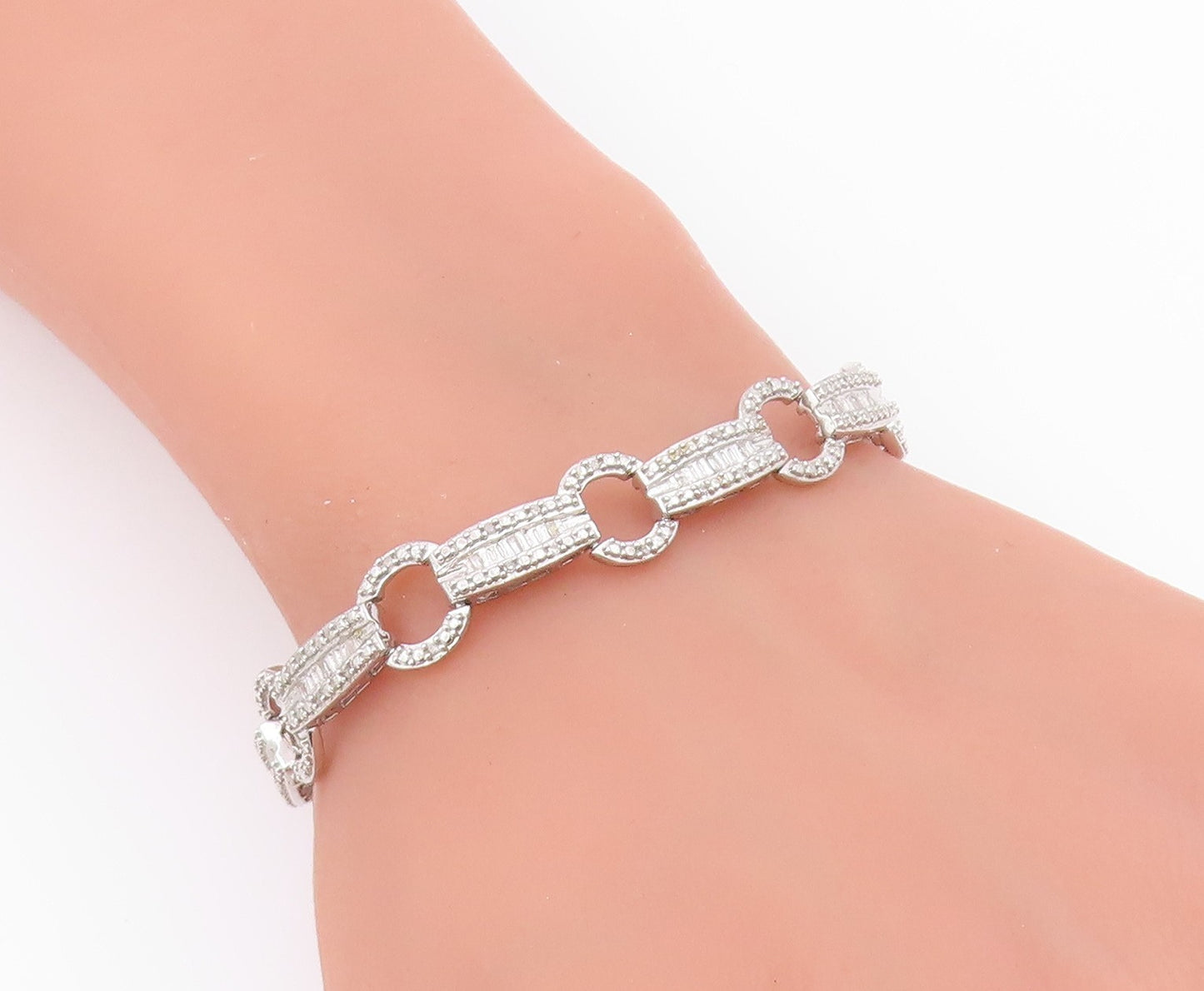925 Sterling Silver Vintage Bracelet Real Diamonds Geometric Link Chain  BT12176