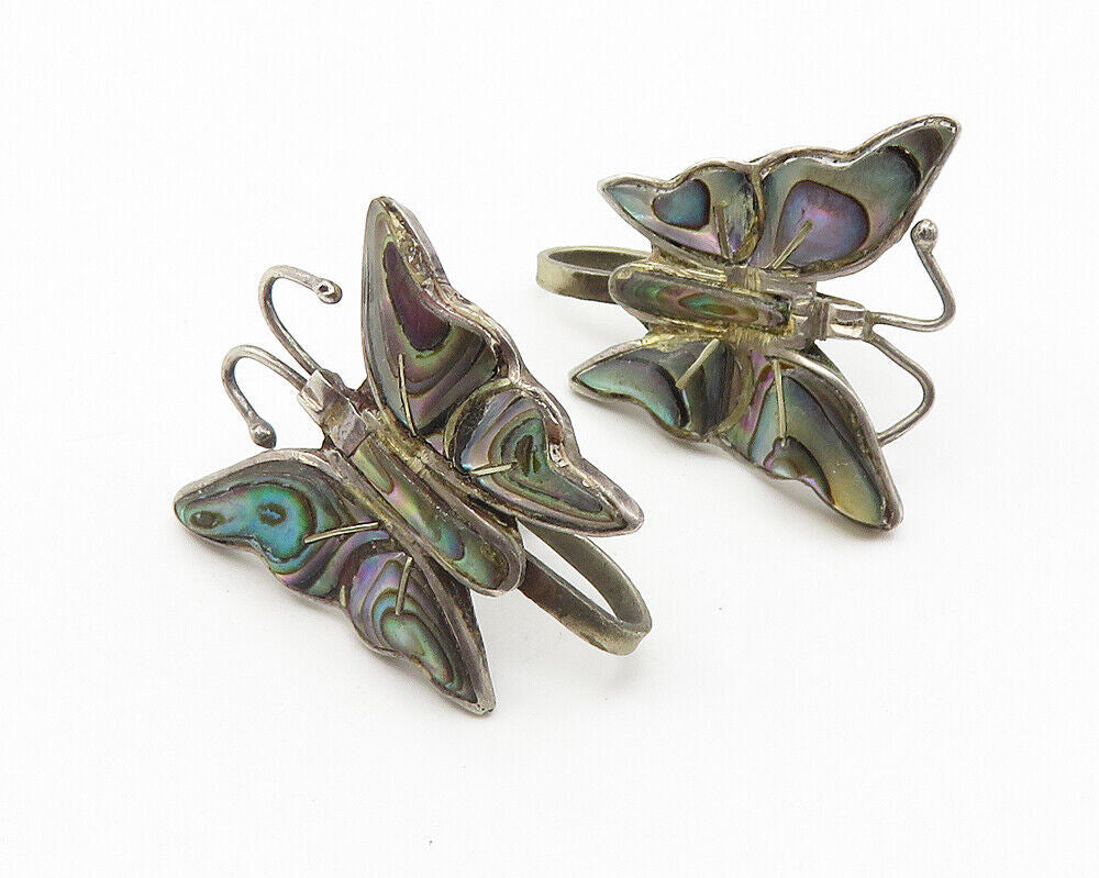 MEXICO 925 Silver  Vintage Abalone Butterfly Motif Non Pierce Earrings  EG5839