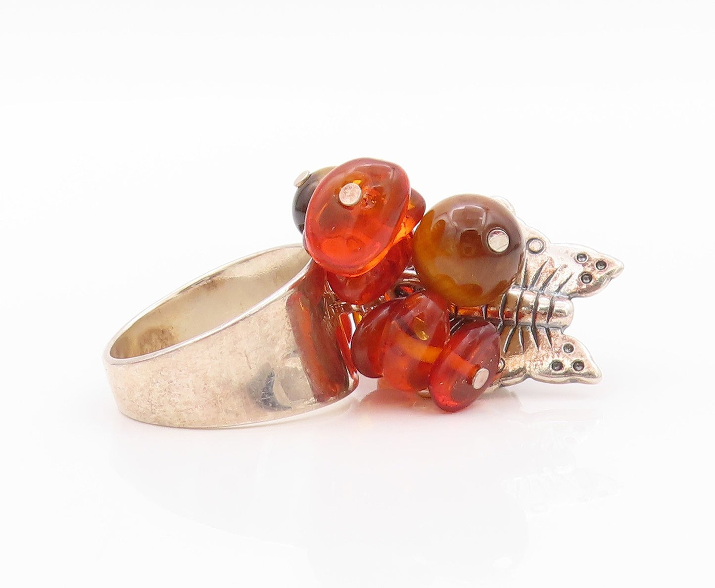 925 Sterling Silver Vintage Ring Amber & Gemstone Floral Design  Sz 5  RG32347