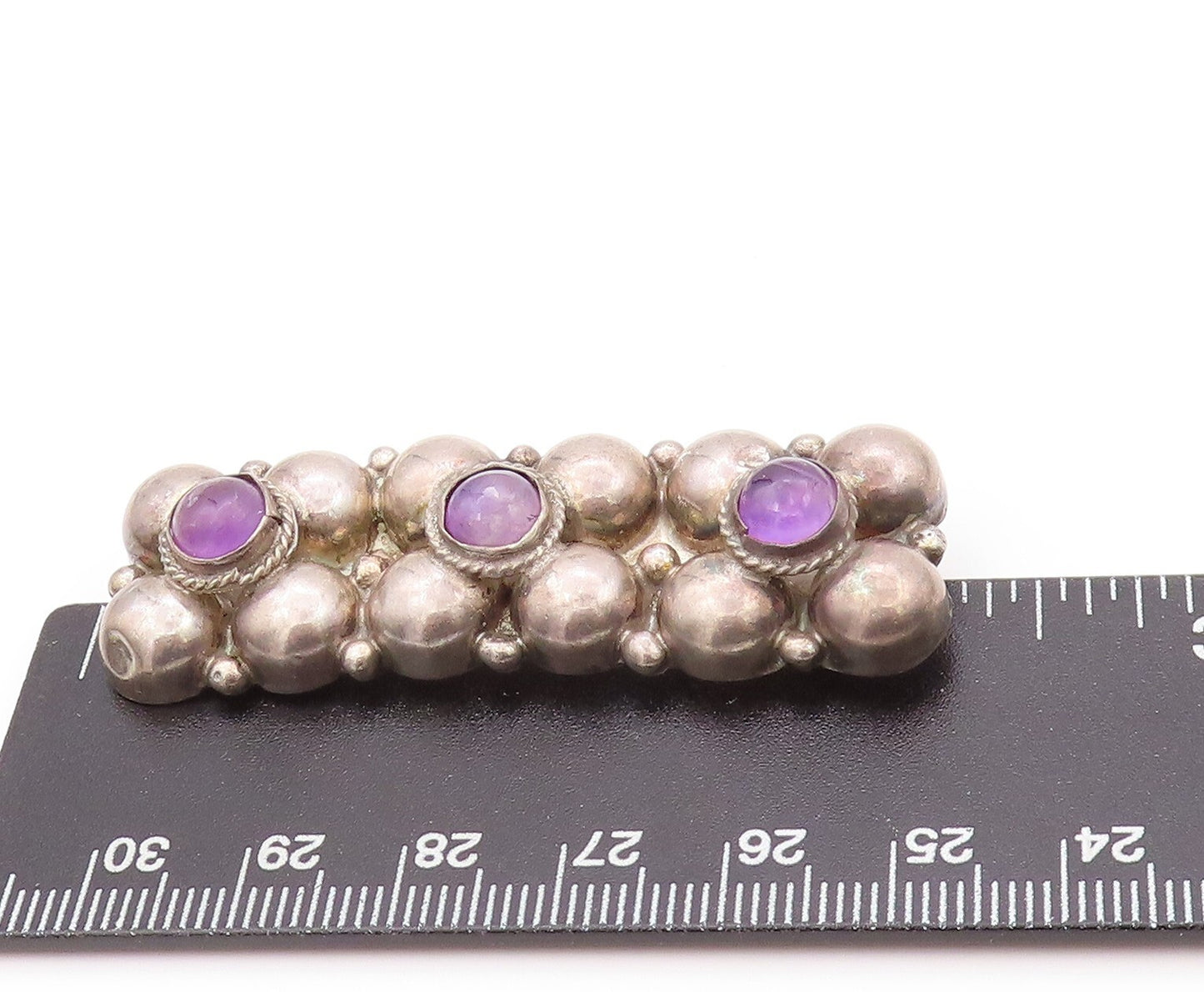 925 Sterling Silver Vintage Brooch MEXICO Cabochon Amethyst Flower Band  BP11537