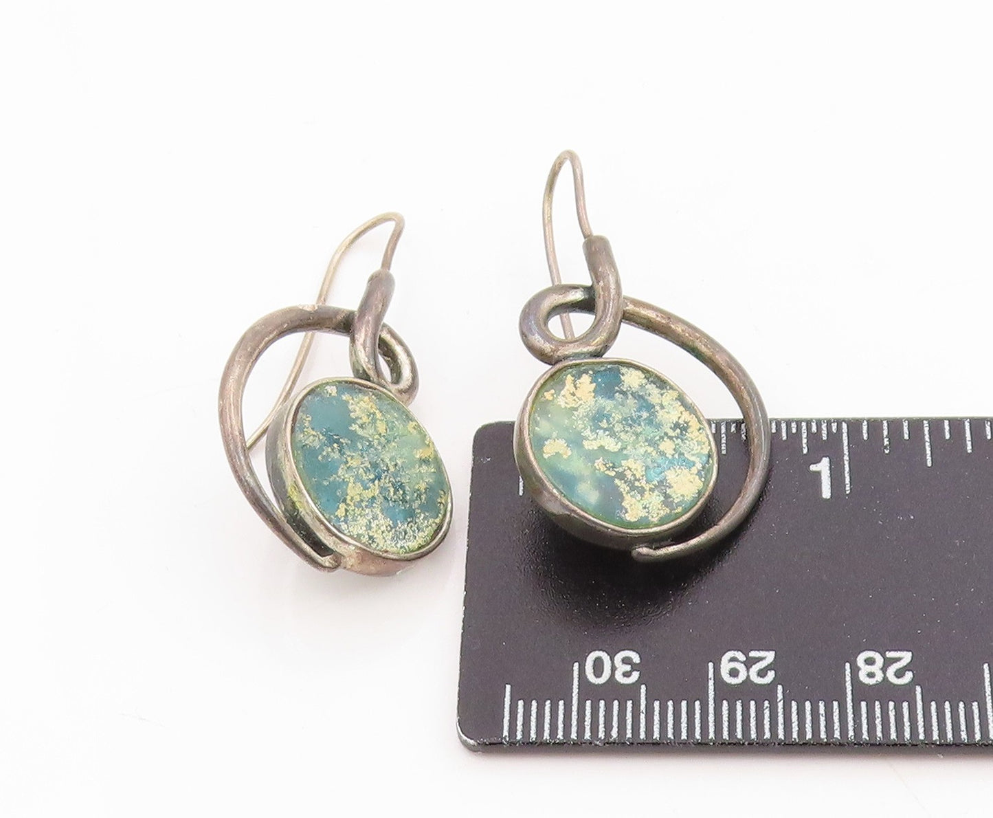 925 Sterling Silver Vintage Earrings BRURIA Classic Roman Glass Dangle  EG14278