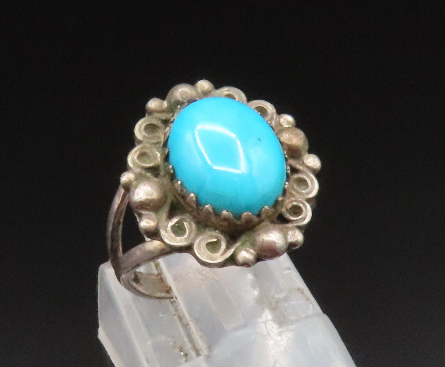 RS NAVAJO 925 Silver  Vintage Beaded Spiral Frame Turquoise Ring Sz 3  RG25258