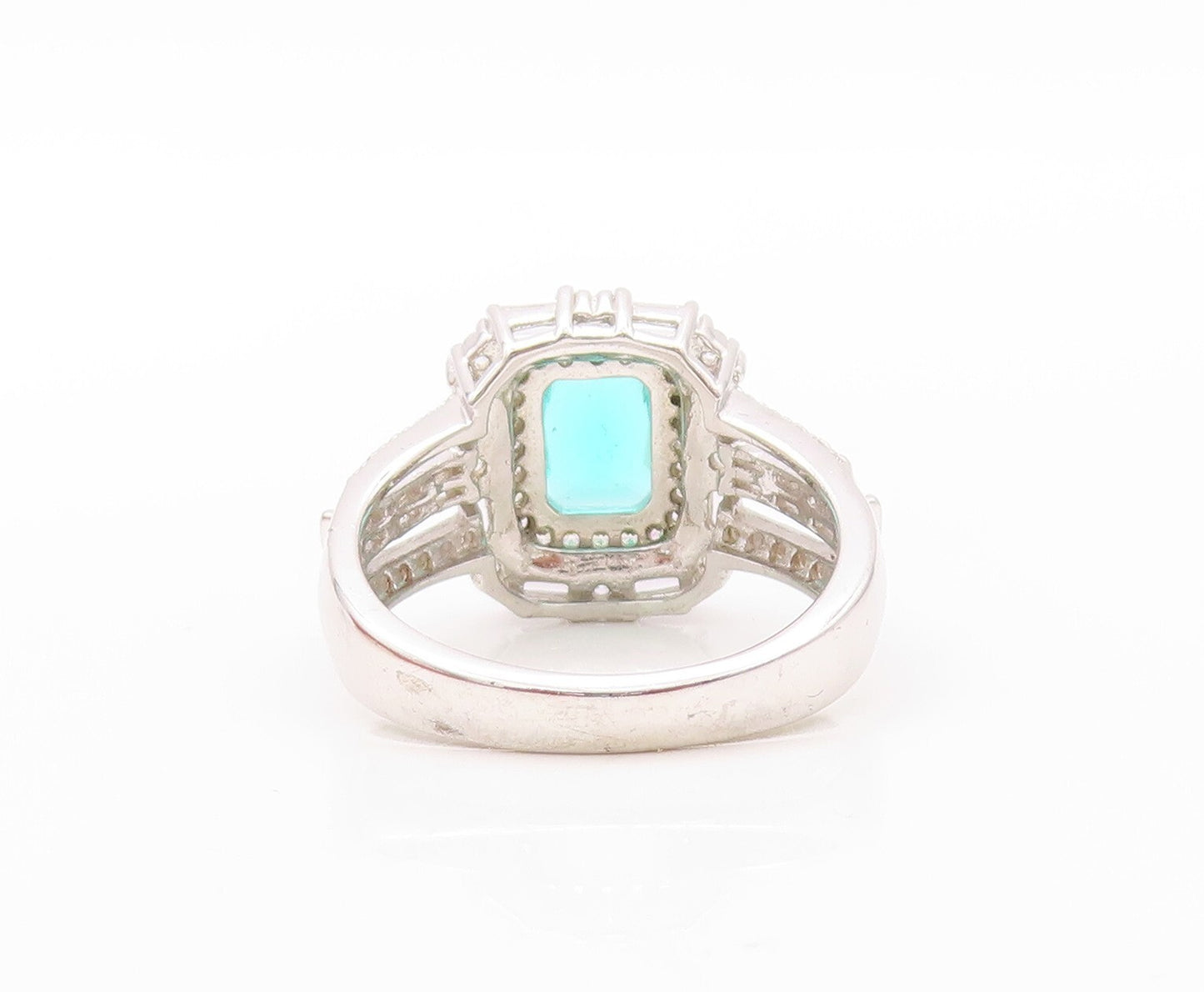 925 Sterling Silver Vintage Ring Rectangle Sea Green Halo White CZ  Sz 7 RG30852
