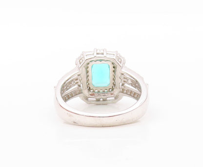 925 Sterling Silver Vintage Ring Rectangle Sea Green Halo White CZ  Sz 7 RG30852