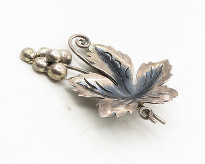 MEXICO 925 Sterling Silver  Vintage Grape Bunch Floral Leaf Brooch Pin  BP3656
