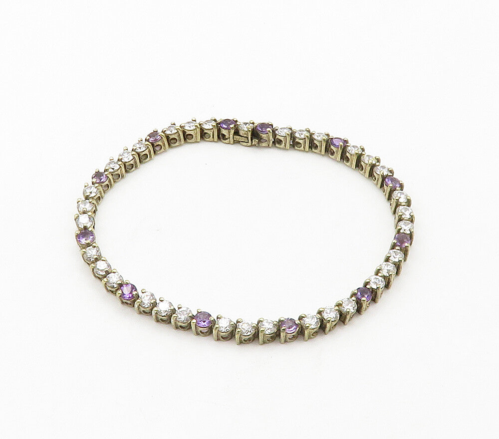 925 Sterling Silver  Vintage Cubic Zirconia & Amethyst Chain Bracelet  BT6275