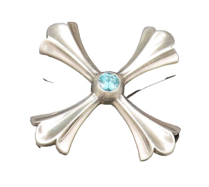 925 Sterling Silver  Vintage Fancy Blue Topaz Fluted Cross Brooch Pin  BP10067